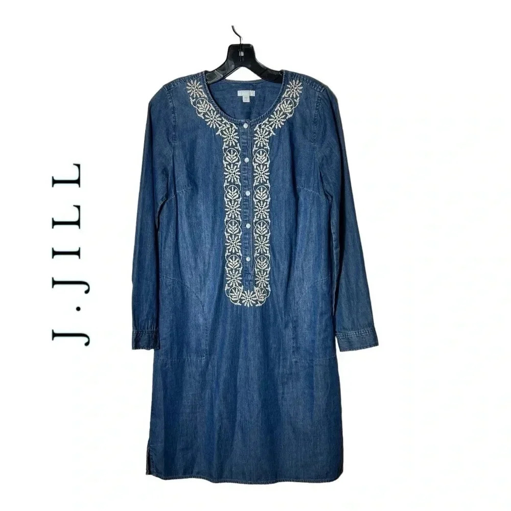 1887. J.JILL LONG SLEEVE EMBROIDERED CHAMBRAY DRESS MIDI LENGTH SIZE SMALL